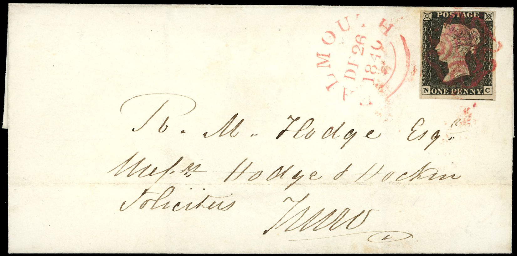 1840 1d Black Pl.3. Entire from Falmouth to Truro pink MC