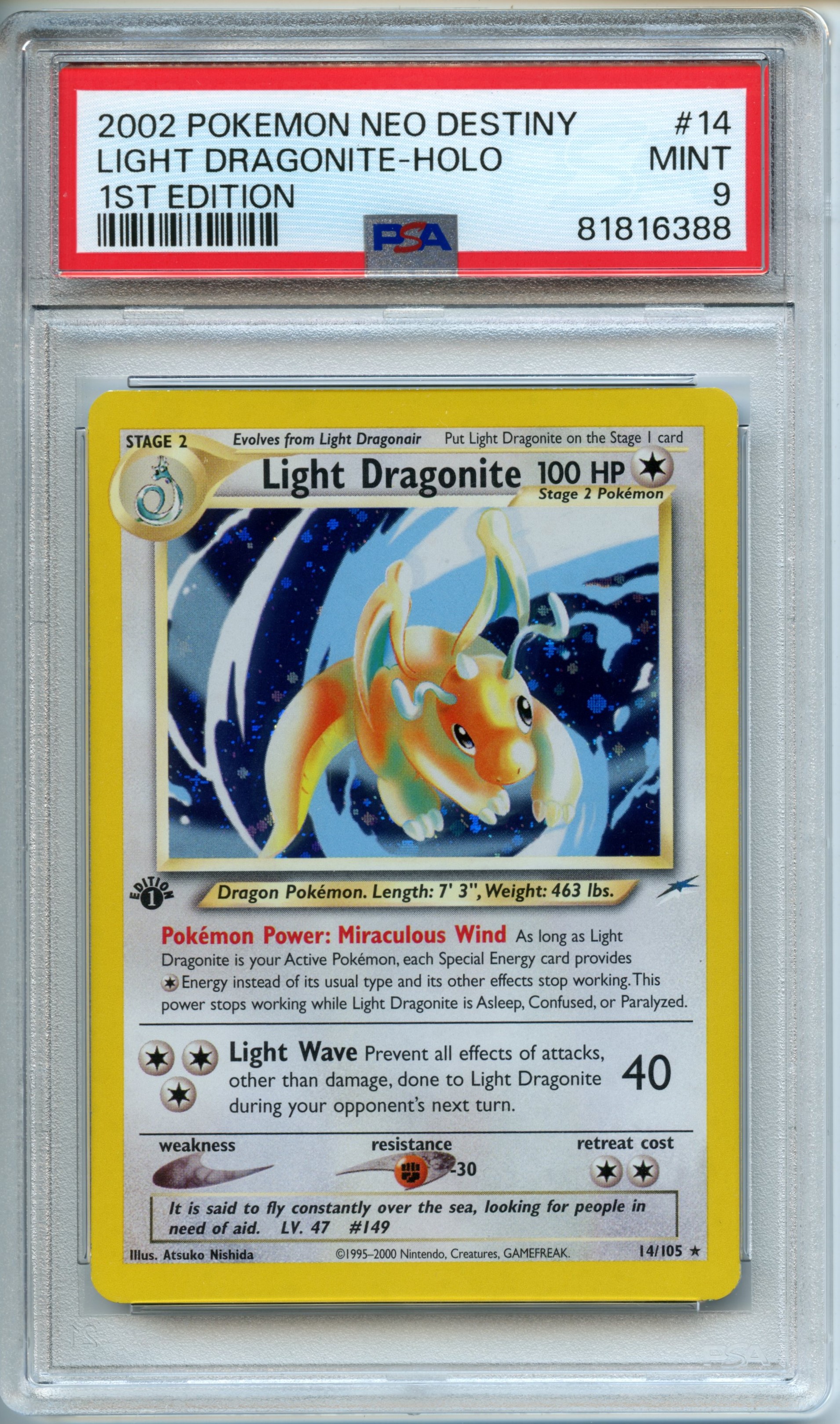 Pokémon TCG - Light Dragonite HOLO - 1st Edition Neo Destiny - PSA 9