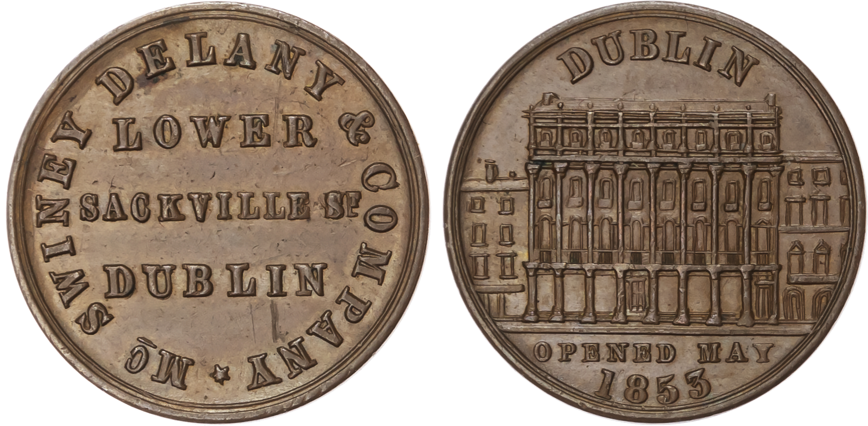 Dublin, McSwiney, Delany & Co. (drapers, jewellers & silk mercers) farthing 1853, façade of 23-27 Sackville St…