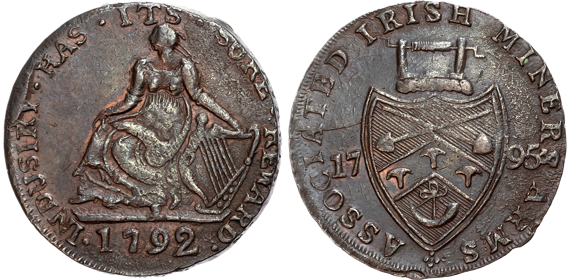 Co. Dub . Dublin , Prattent’s Halfpenny 1795, Man in loom, rev. Arms, 28.5mm/8.84gm (DH 15a); Prattent’s mule Halfpenny, …