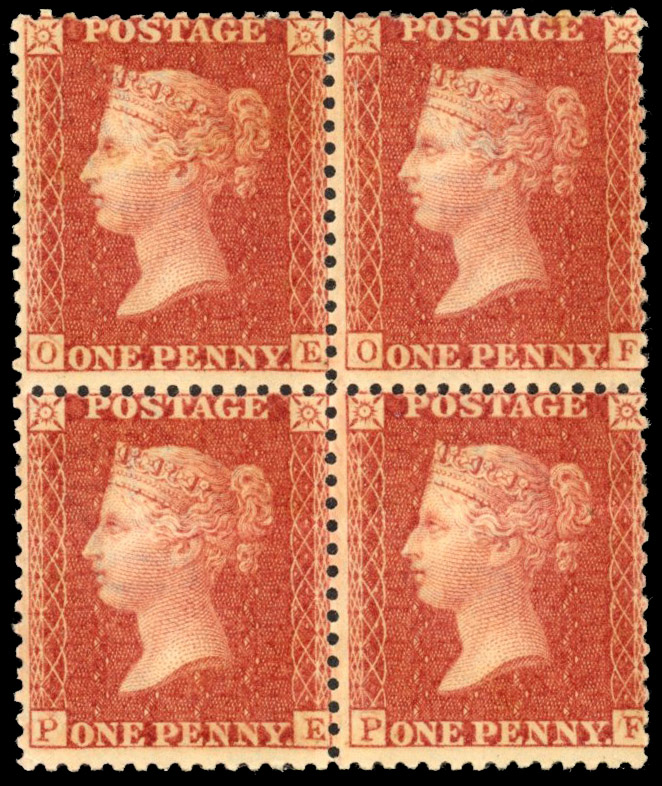 SG 38 1857 1d orange-brown Plate 45 block mint