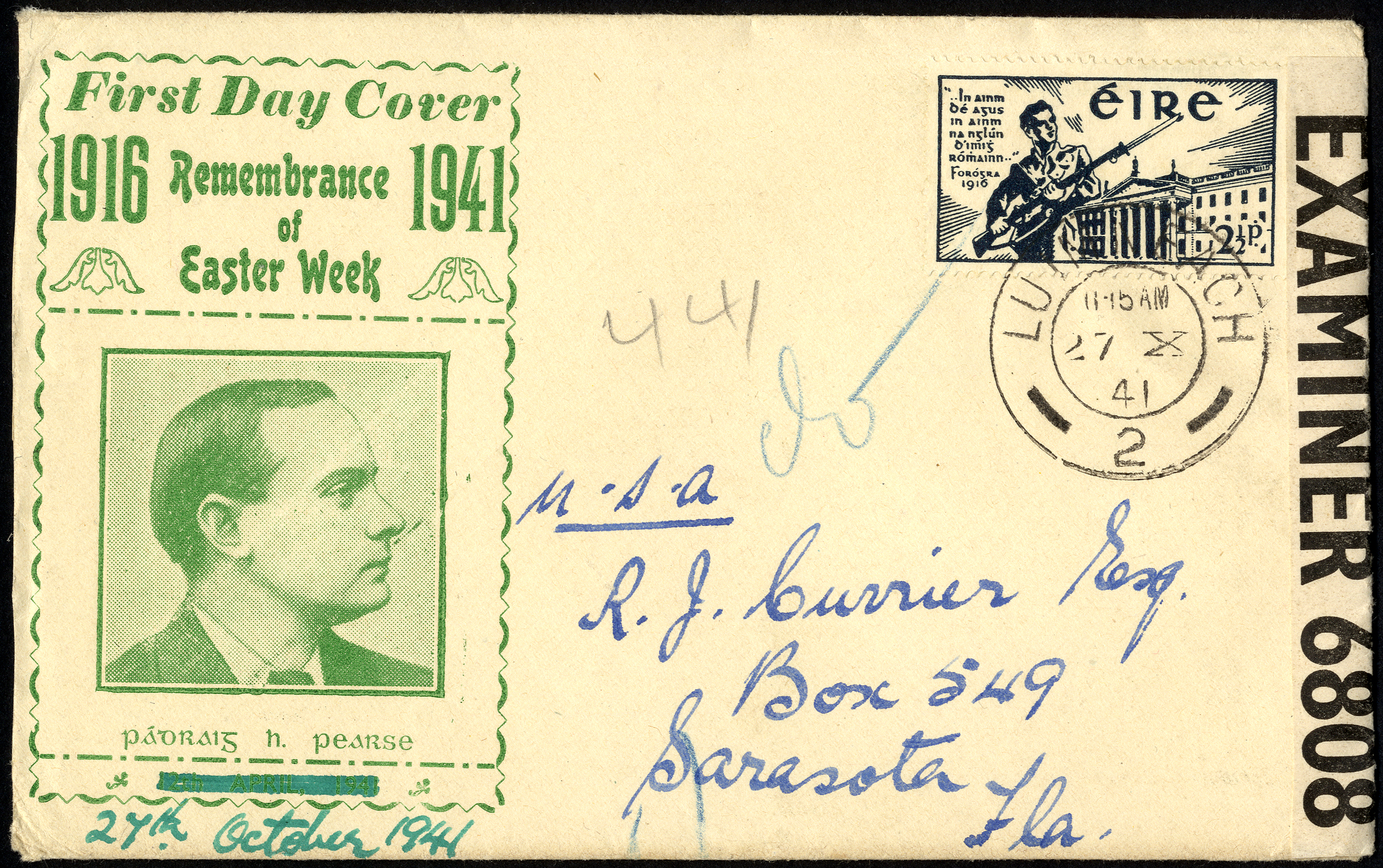 1941 2½d Easter Rising Volunteer used with Limerick CDS 27 X 41 (First Day) sent to Florida, censor tape applied on...
