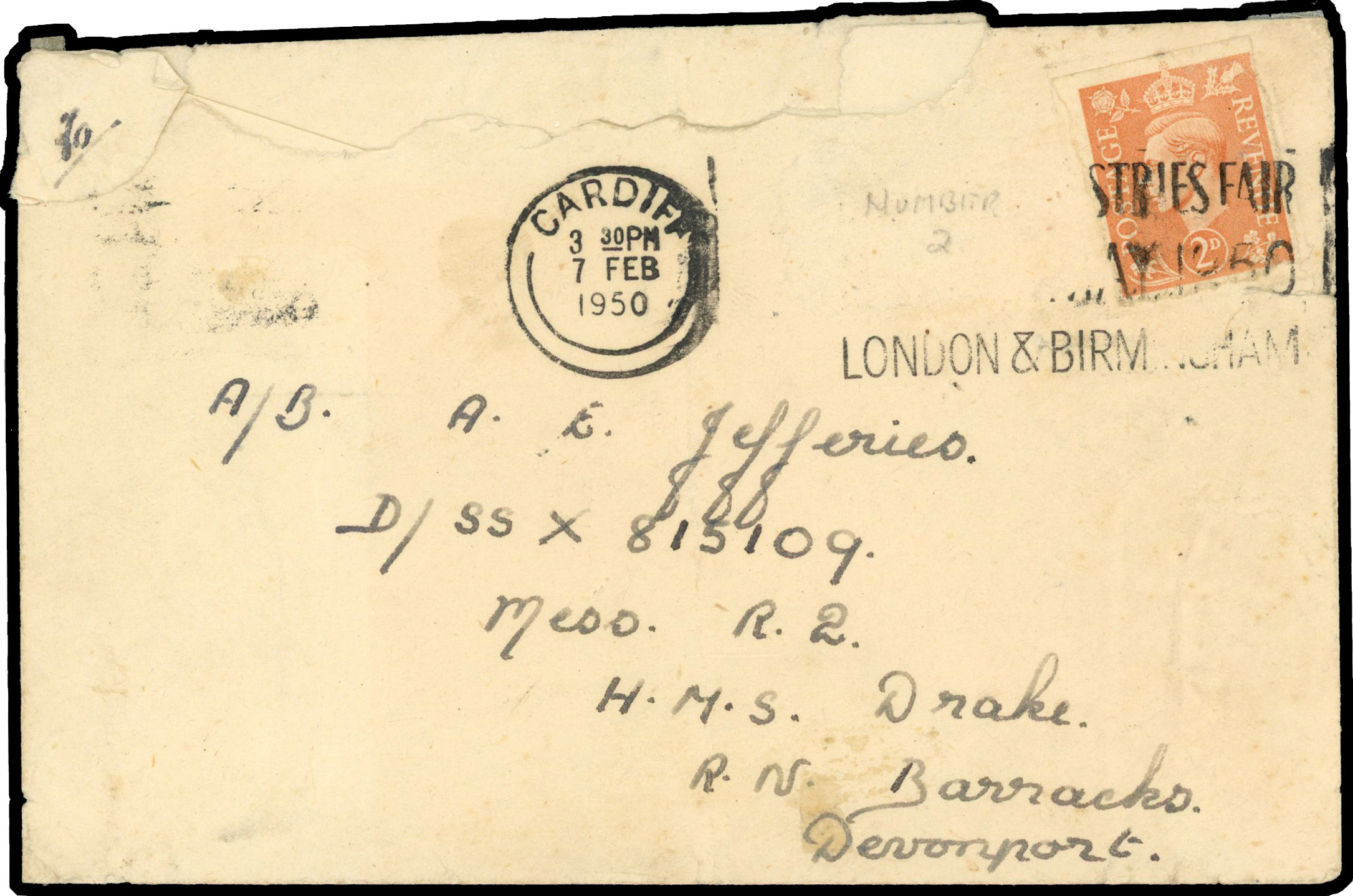 1941 2d imperf single on cover (SG 488c)