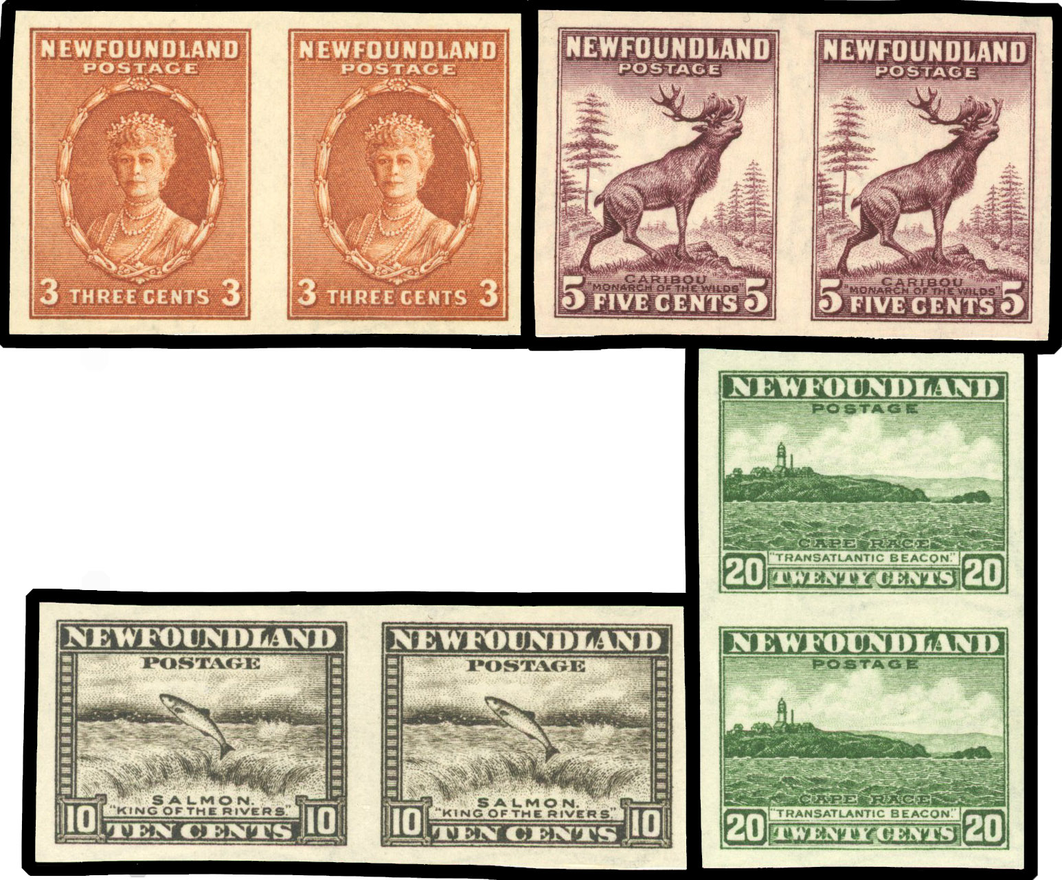 Newfoundland 1932 Imperforate pairs SG 211a, 213a, 215a, 218a.