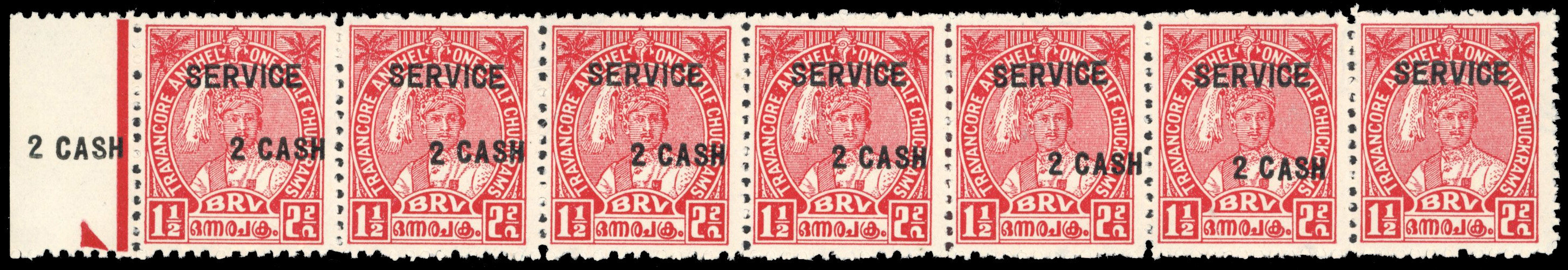 I.F.S Travancore SG 106ab pair, one without surcharge in horizontal strip of 7