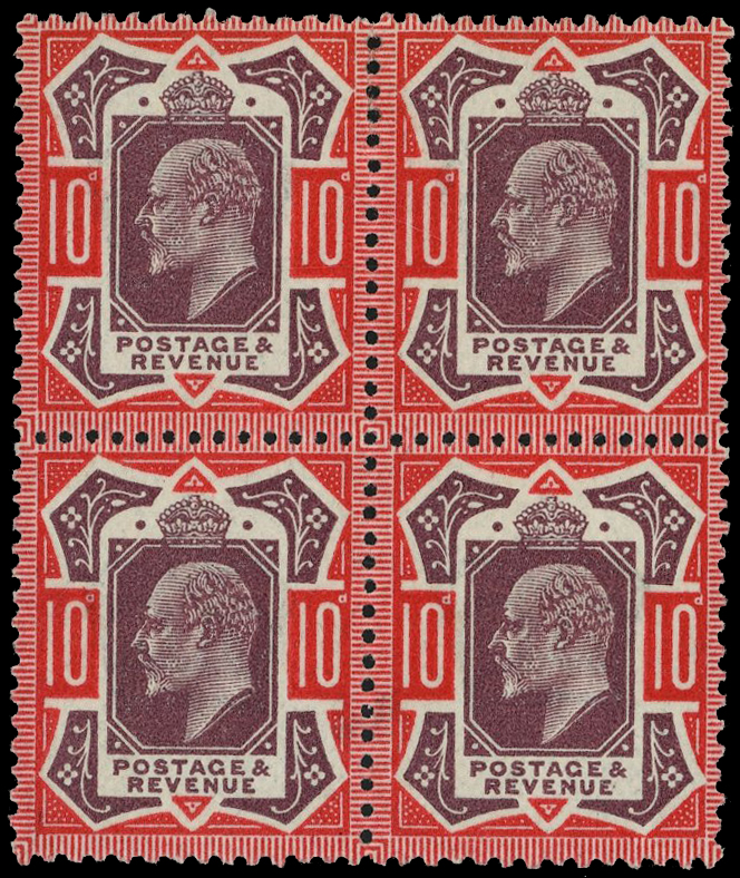 1911 Somerset House 10d dull reddish purple and aniline pink (F), . block of four, fine unmounted og