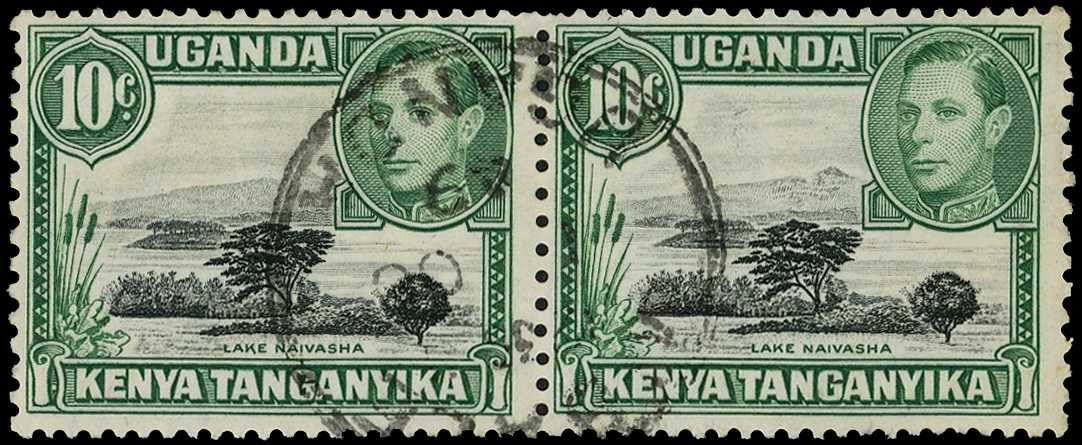 1949 10c black and green perf 13 x 11¾ horizontal pair, CDS-used, right stamp with R6/7 mountain retouch. SG 135a,...