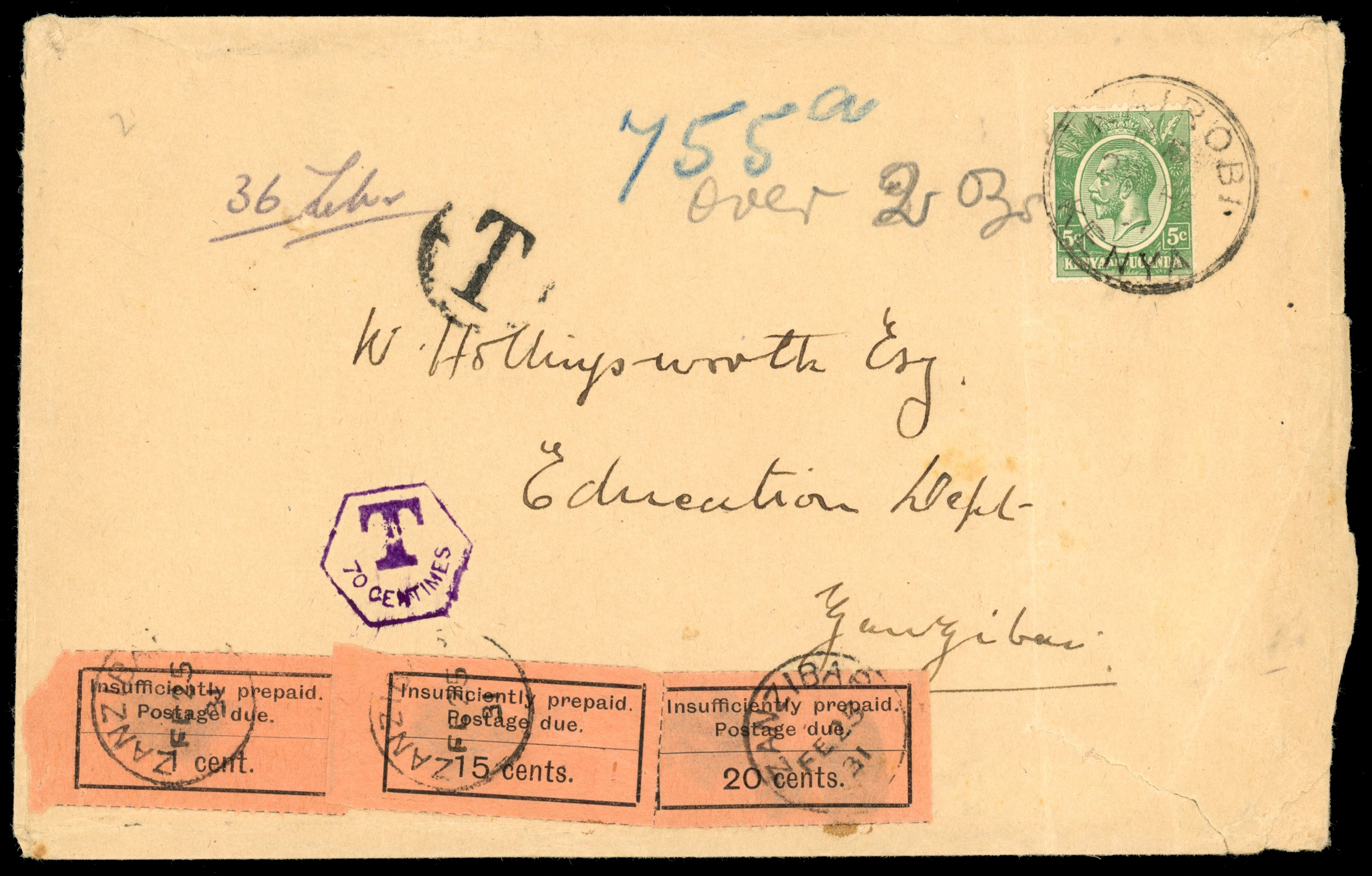 Zanzibar SG D1, 8, 11 1931 incoming cover