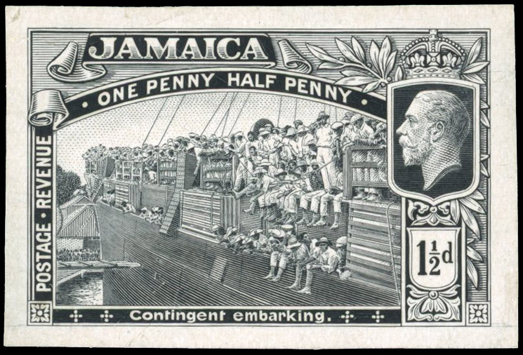 Jamaica 1919-21 1½d stamp-size die proof of the completed design, SG 80var