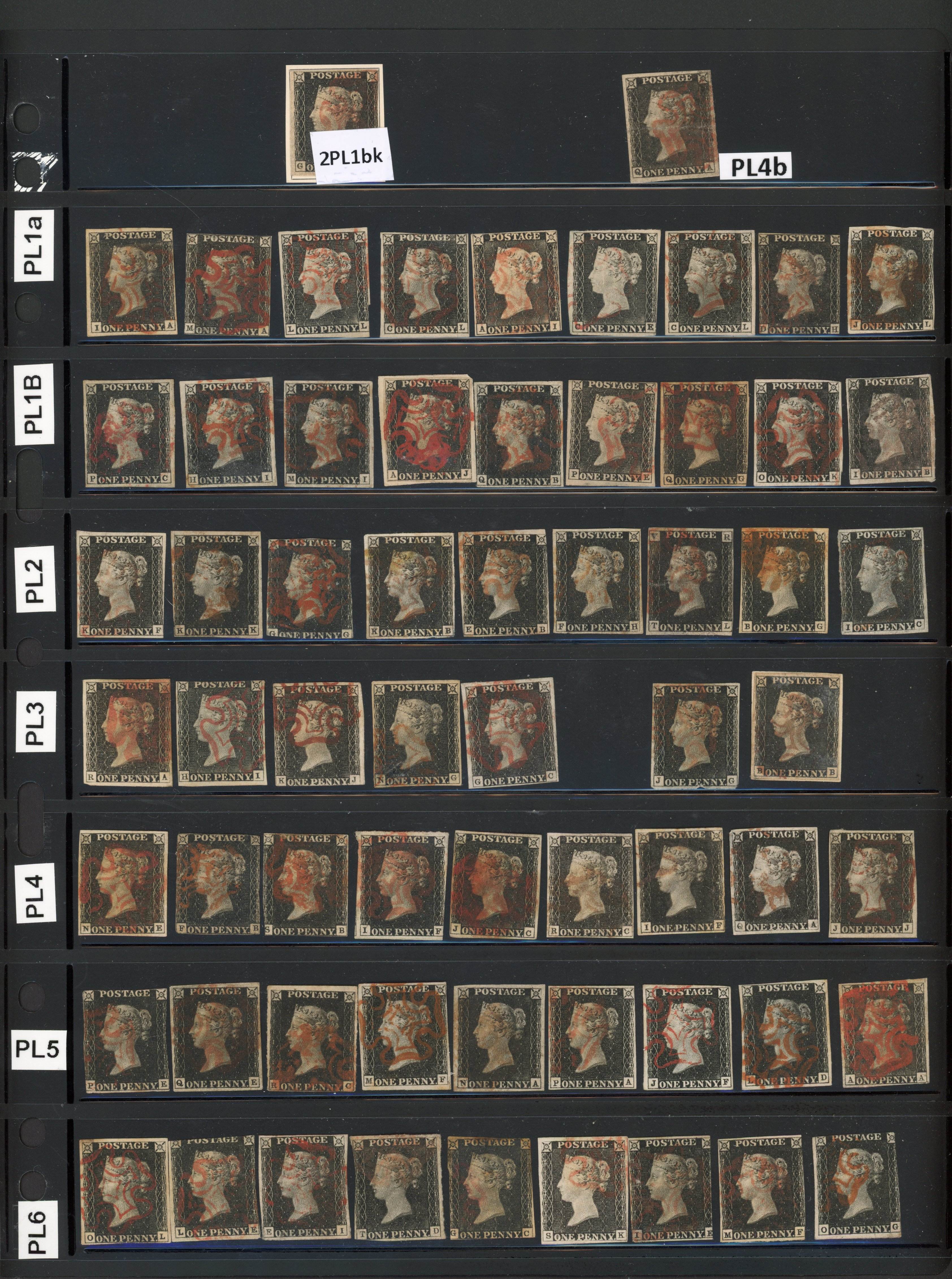 GB 1840 1d black used selection of eighty-six examples arranged by plate (not guaranteed) some with four margins