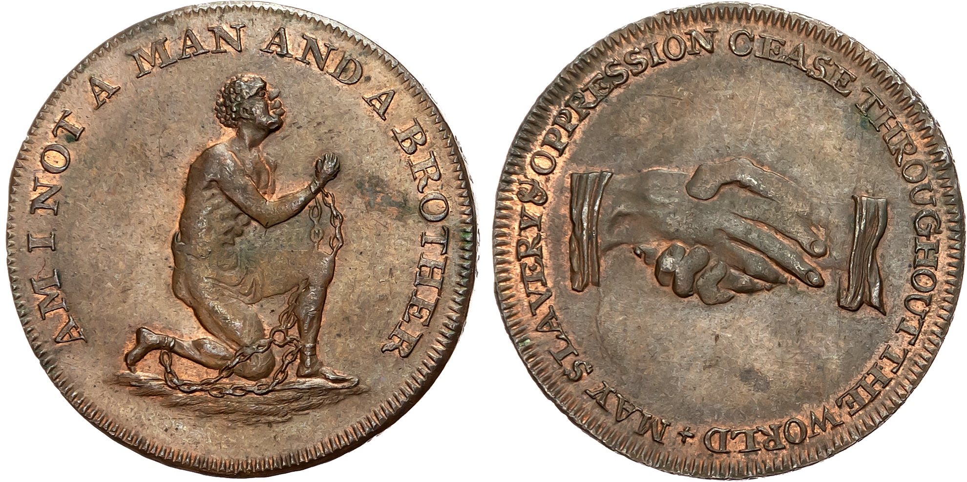 London , Political Series , William Lutwyche for an Anti-Slavery Society Halfpenny undated, Shackled African slave kneel …