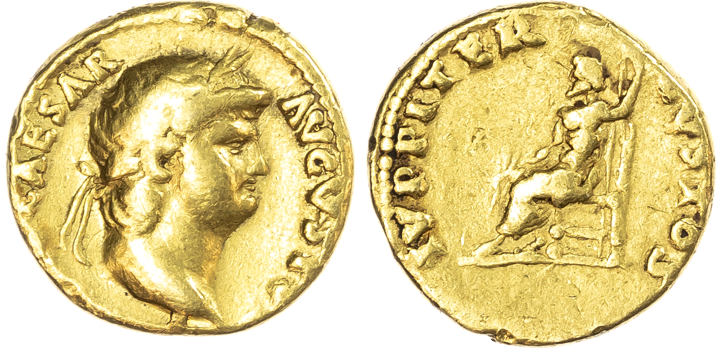 Nero (AD 54-68) AV Aureus, Rome, AD 64-65, 7.13g. Laureate head of Nero right. Rev. Jupiter seated left, holding thunderbolt