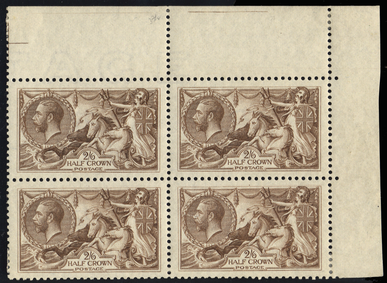 Great Britain 1918 2s6d Chocolate brown. Very fine unused o.g. corner marginal block of four printed by Bradbury W…