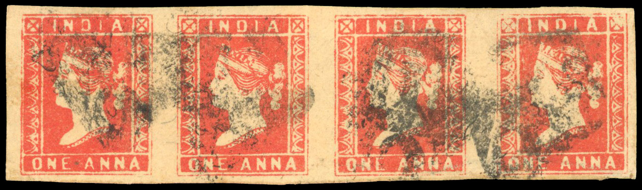 India SG 12 1a red used horizontal strip of four 