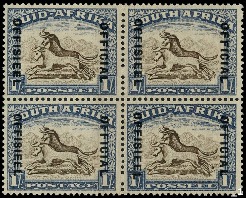 South Africa: 1935-49 1s brown and chalky blue, block of 4 with stamp 3 showing ‘Diaeresis over second “E” of “OFFICIEEL”...