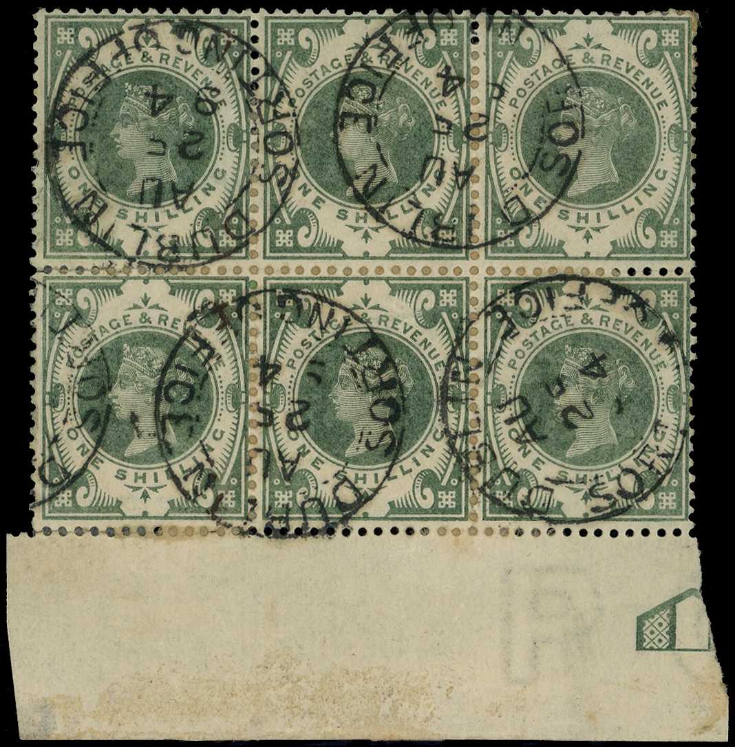 1887 1/- dull green bottom marginal block of...
