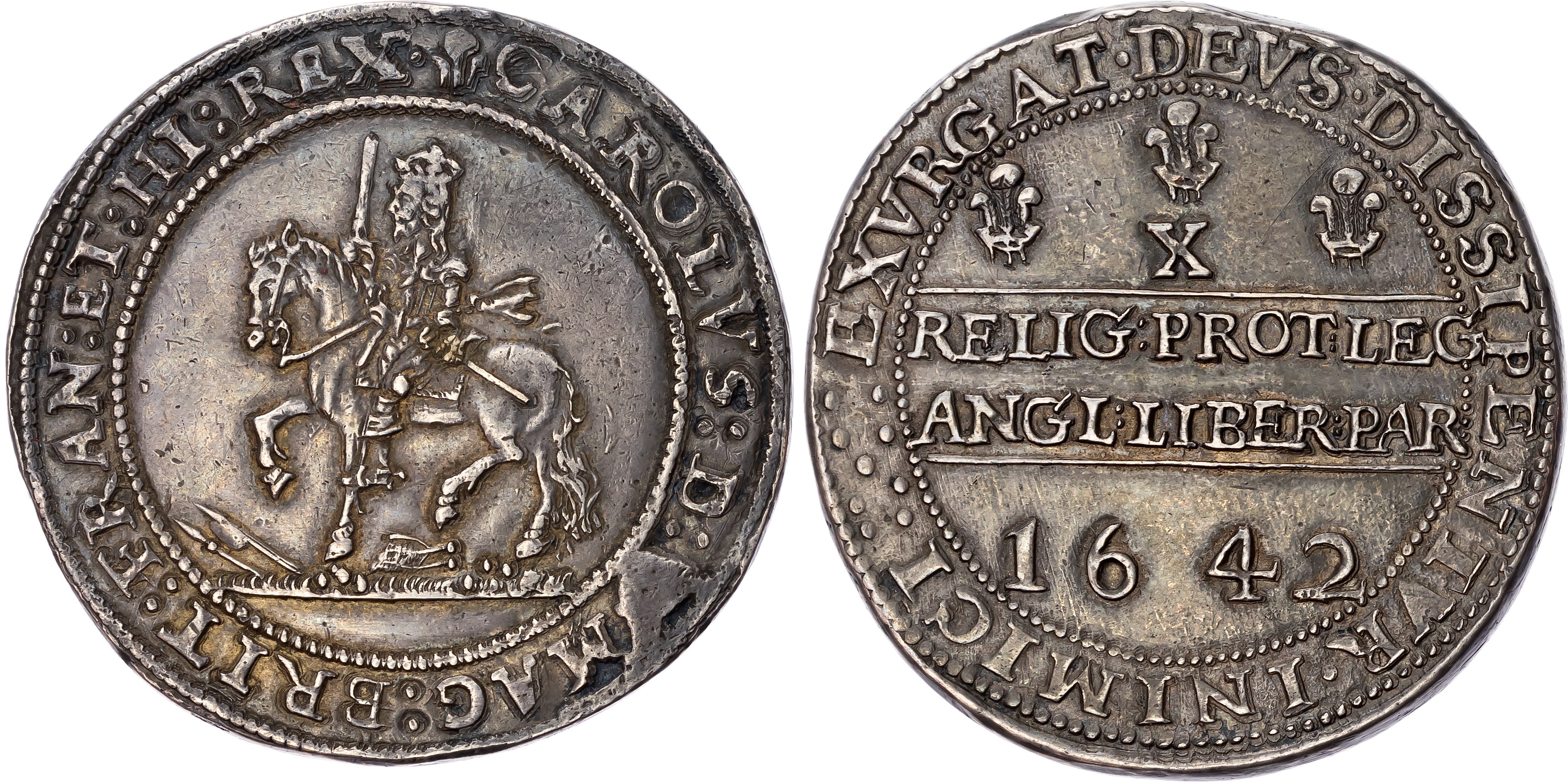Charles I (1625-1649) Half Pound, Shrewsbury mint, 1642, mintmark plume on obv. only. King on horseback left with flowin…