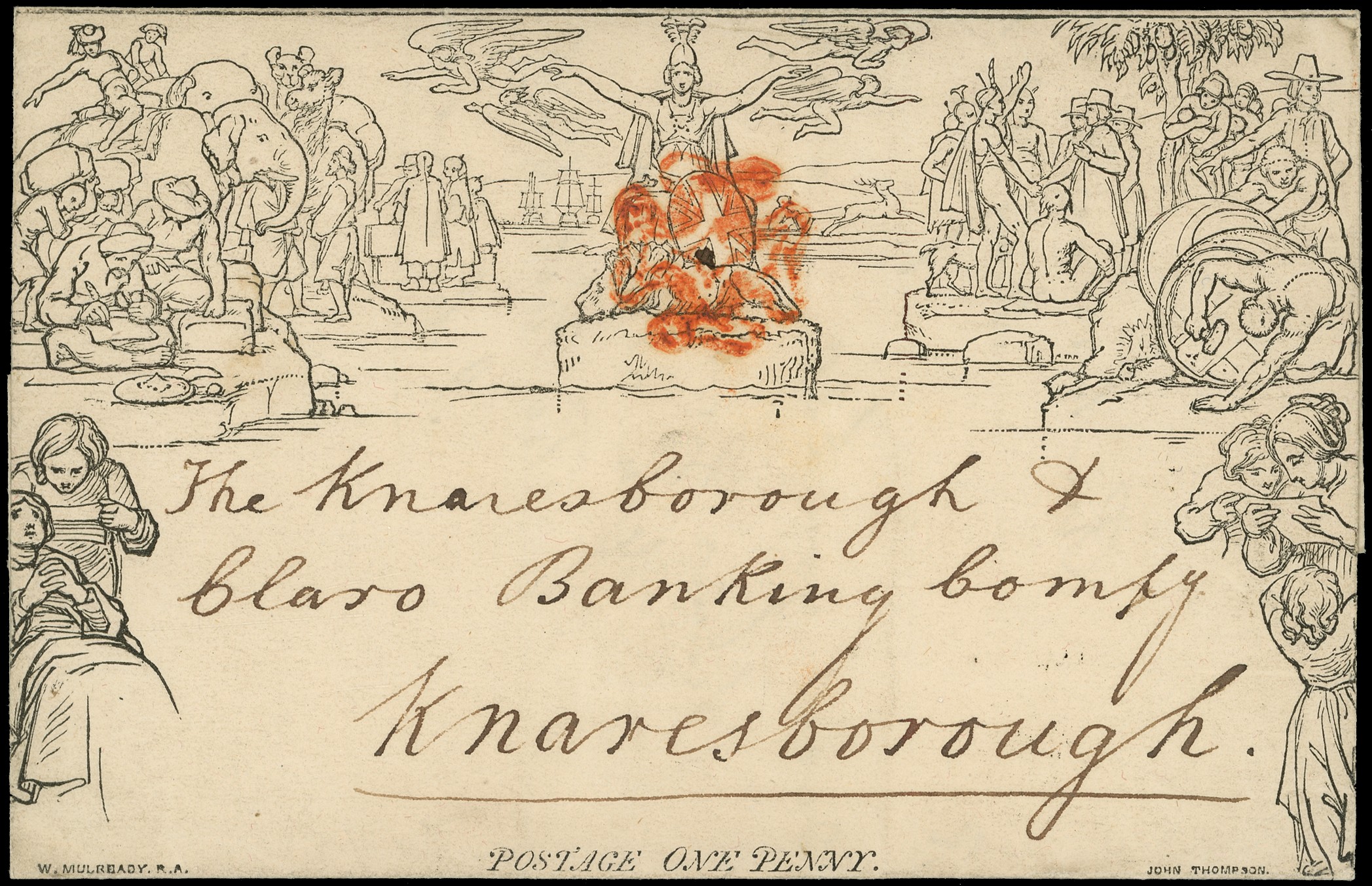 1840 1d black Mulready letter sheet, Richmond to Knaresborough, cancelled red...