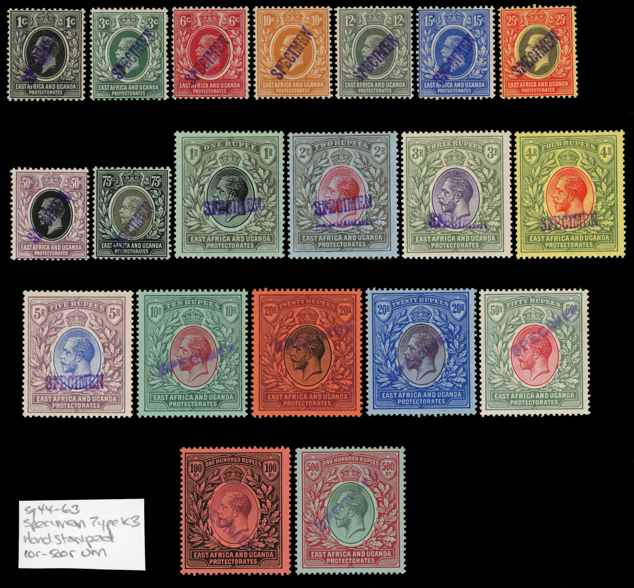 East Africa & Uganda SG 44s-63s 1912-21 set local Specimen handstamps