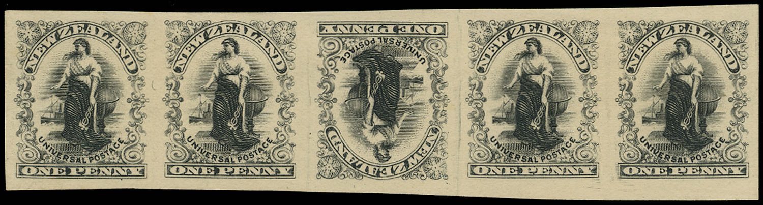 NEW ZEALAND 1906 SG352 Proof by Waterlow of 1d Universal horizontal strip of 5