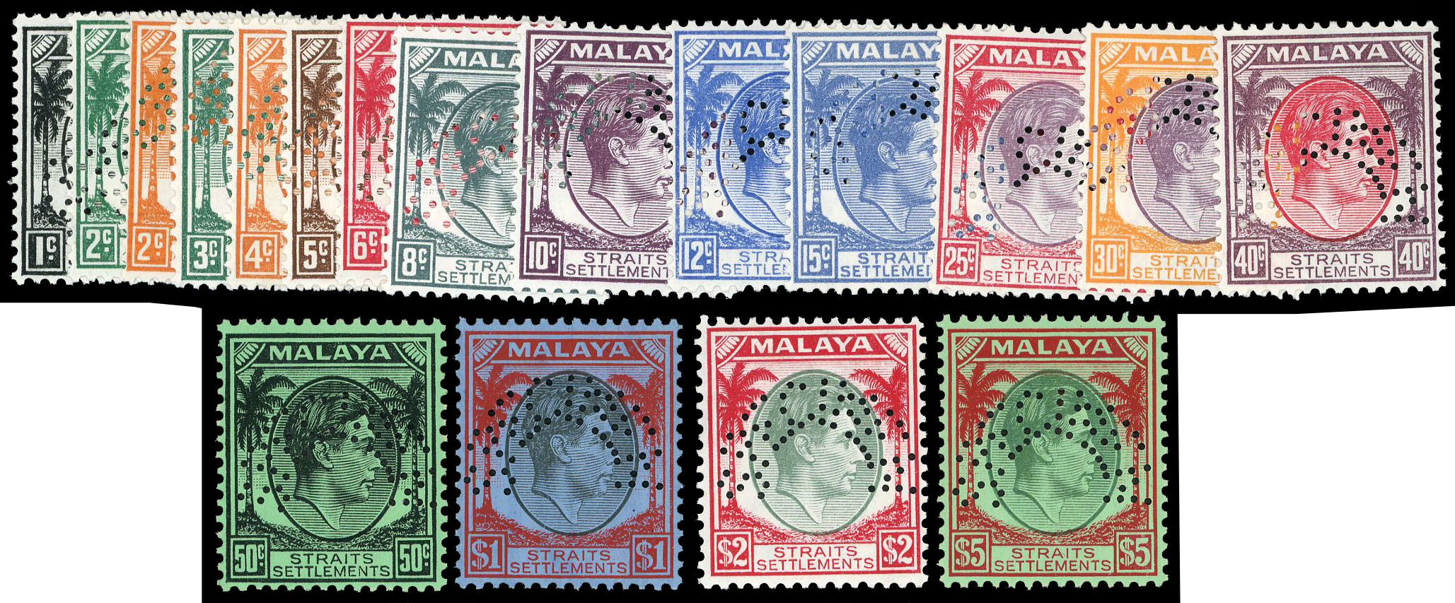 Straits Settlements 1937 SG278s/298s Specimen KGVI set of 18 to $5
