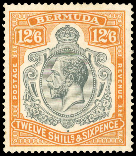 BERMUDA: 1937 12s6d grey and brownish orange with R5/6 ‘damaged leaf at bottom right’ fine o.g. SG 93f