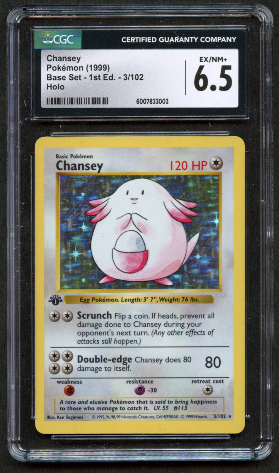 CGC 6.5 Chansey - 1st Edition Shadowless Base Set 1999 - 3/102