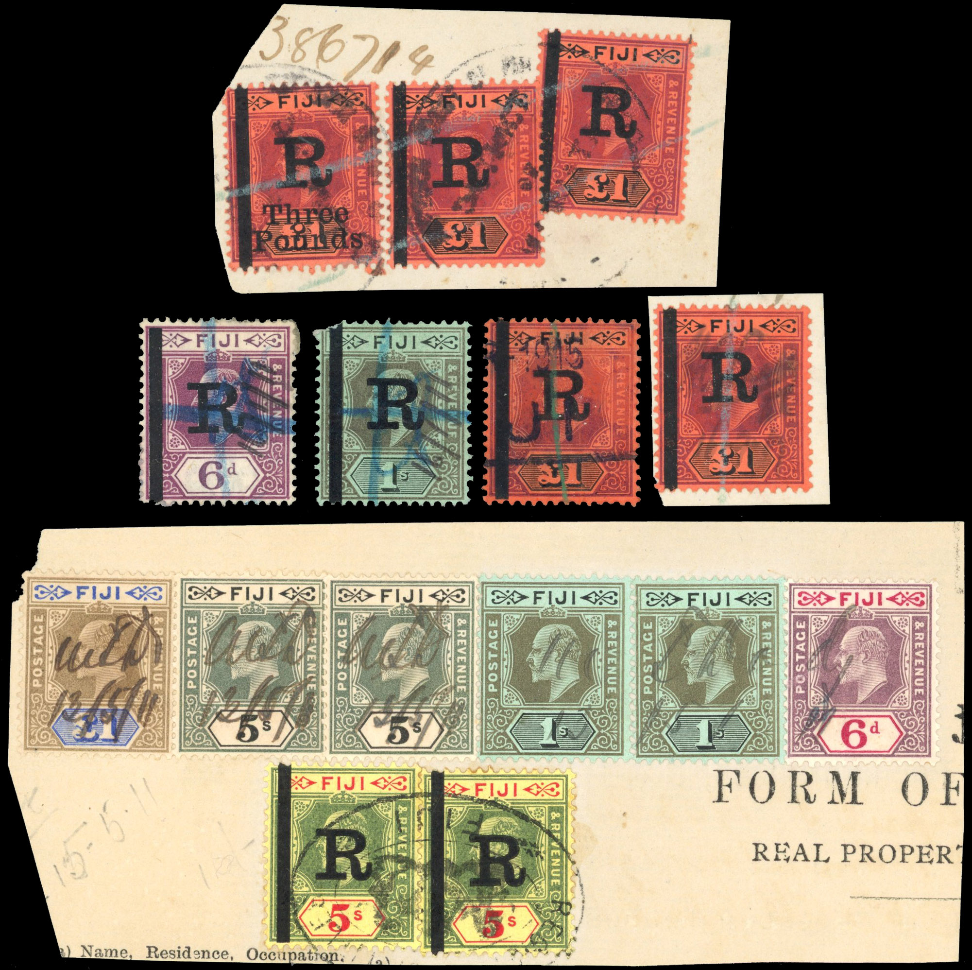 Fiji Revenue 1911-12 Wmk MCA, complete KEVII set of 5 to £3