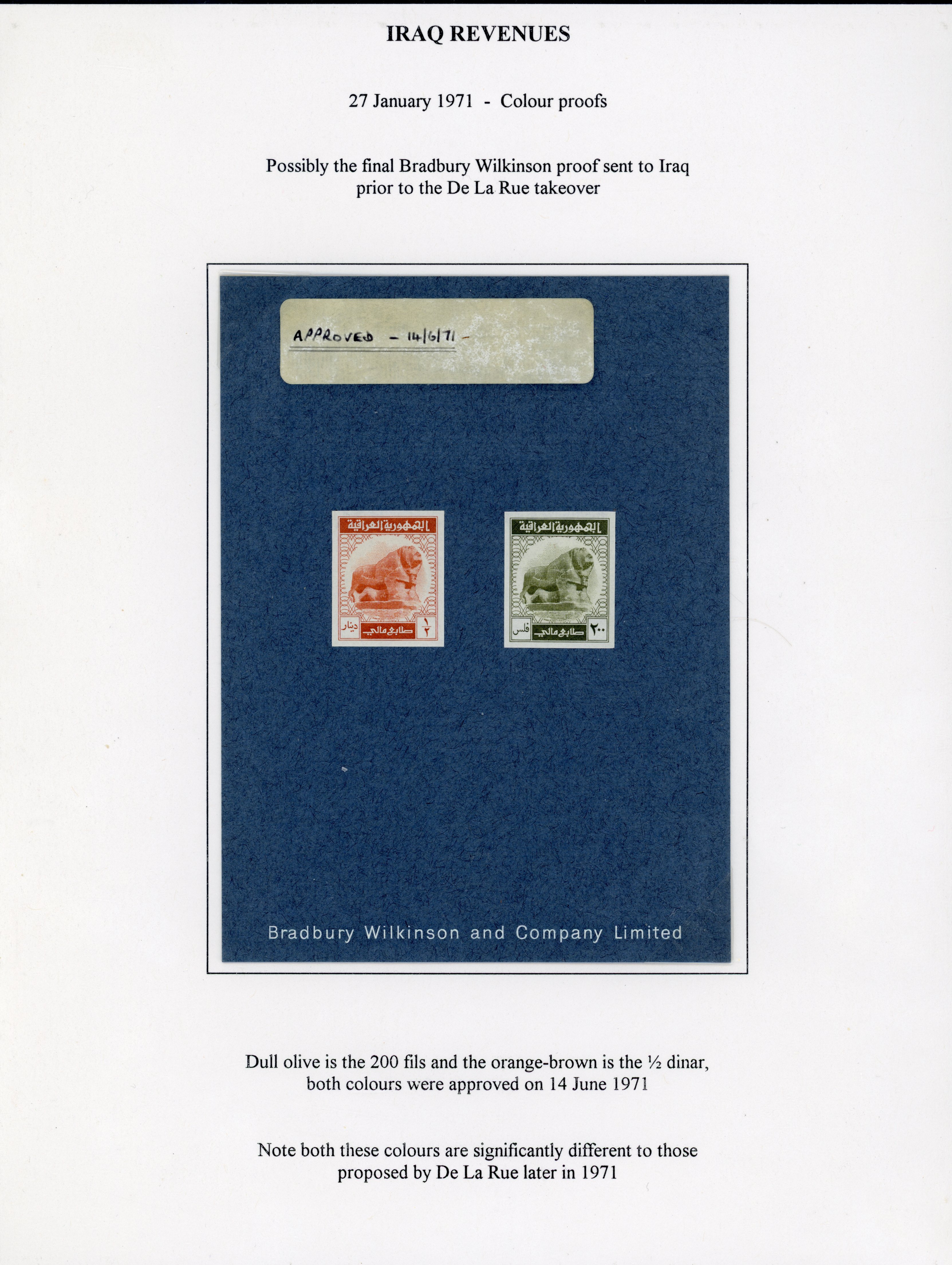 Iraq Revenue 1971 Bradbury 200f and ½d proofs