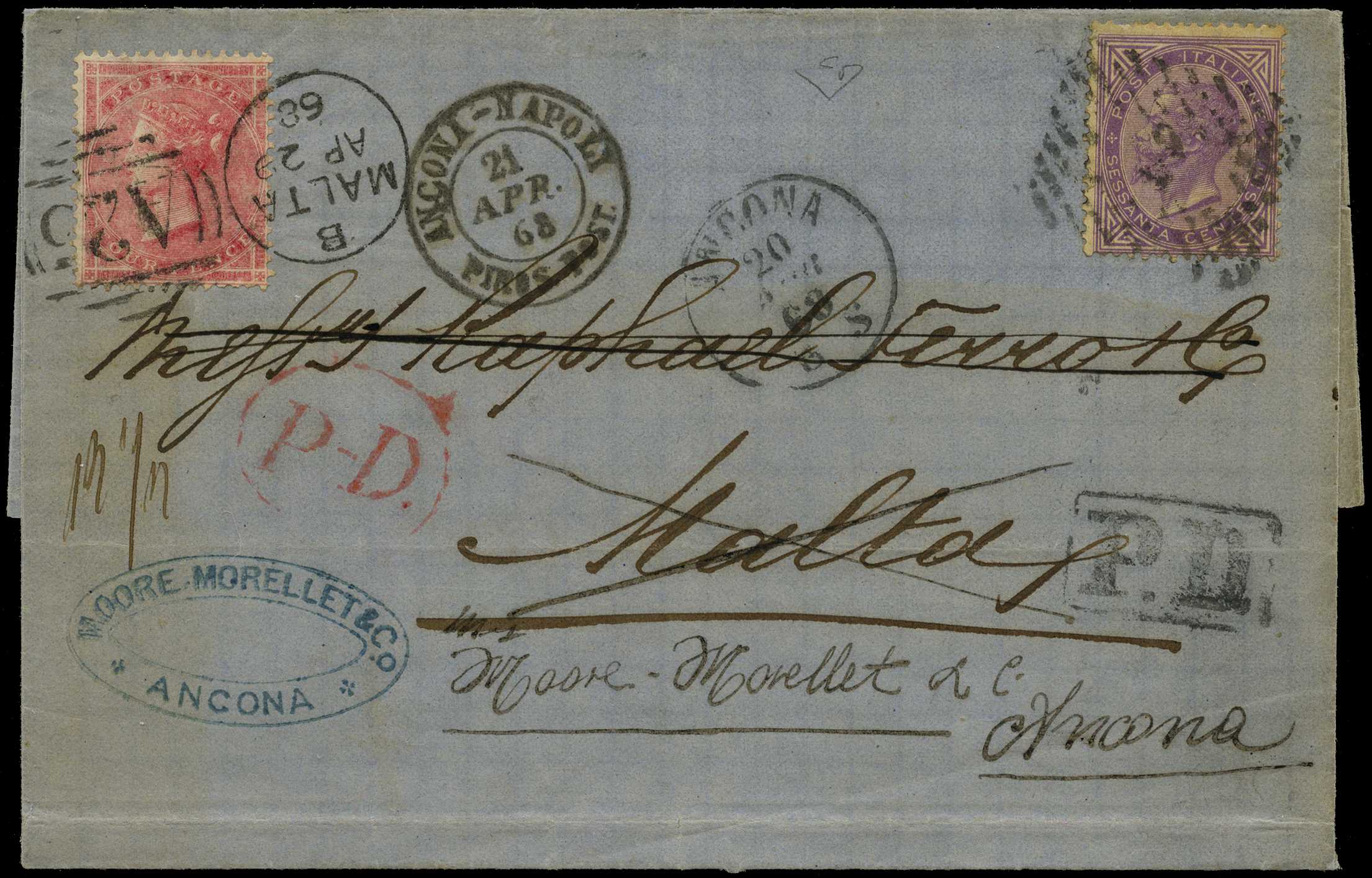 GB Used in Malta. 1868 incoming outer...
