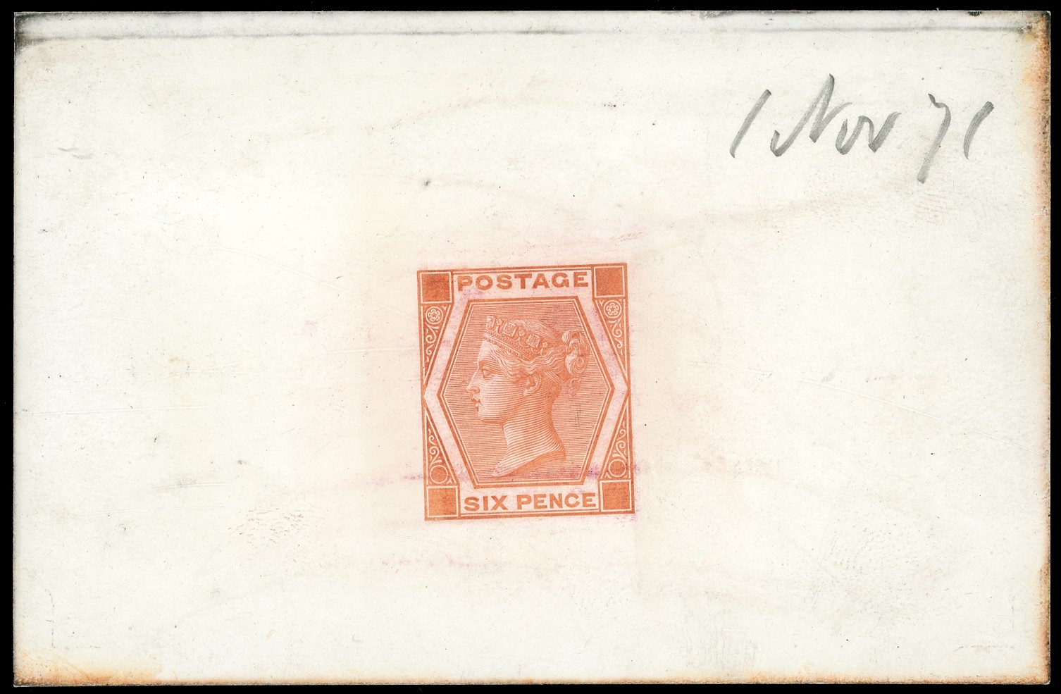 1871 6d Die proof printed in chestnut on white glazed card 