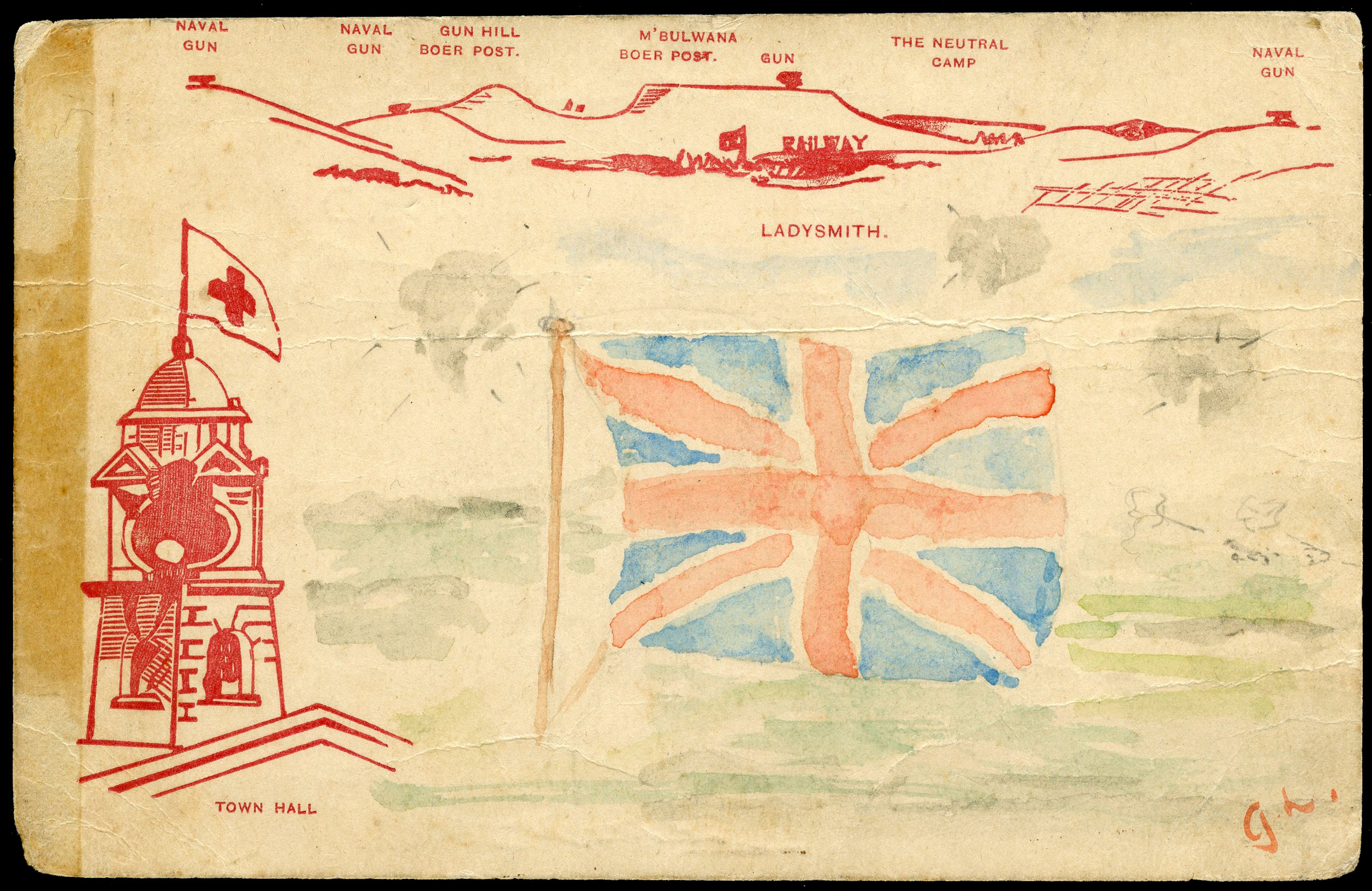Natal Siege of Ladysmith printed postcard with hand-painted illustration of Union flag 