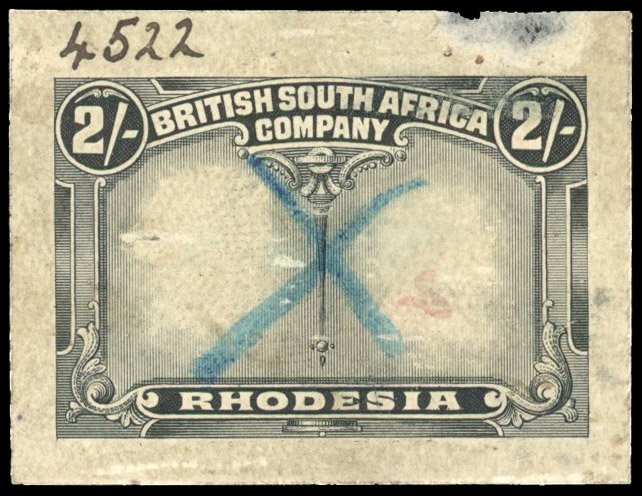 Rhodesia 1910-13 2s frame die proof in black