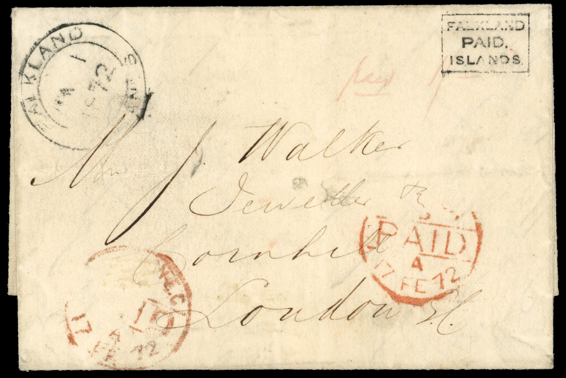 Falkland Islands SG FR1 1872 black Frank cover to London