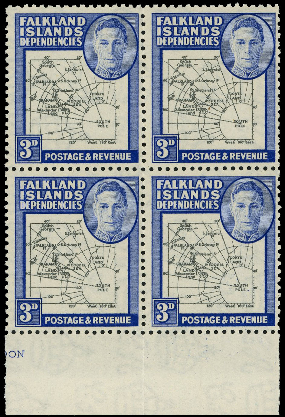1946 Thick Map 3d black and blue bottom marginal block of four (vertical fold), R6/7 'tear drop', unmounted o.g. SG G4e,...