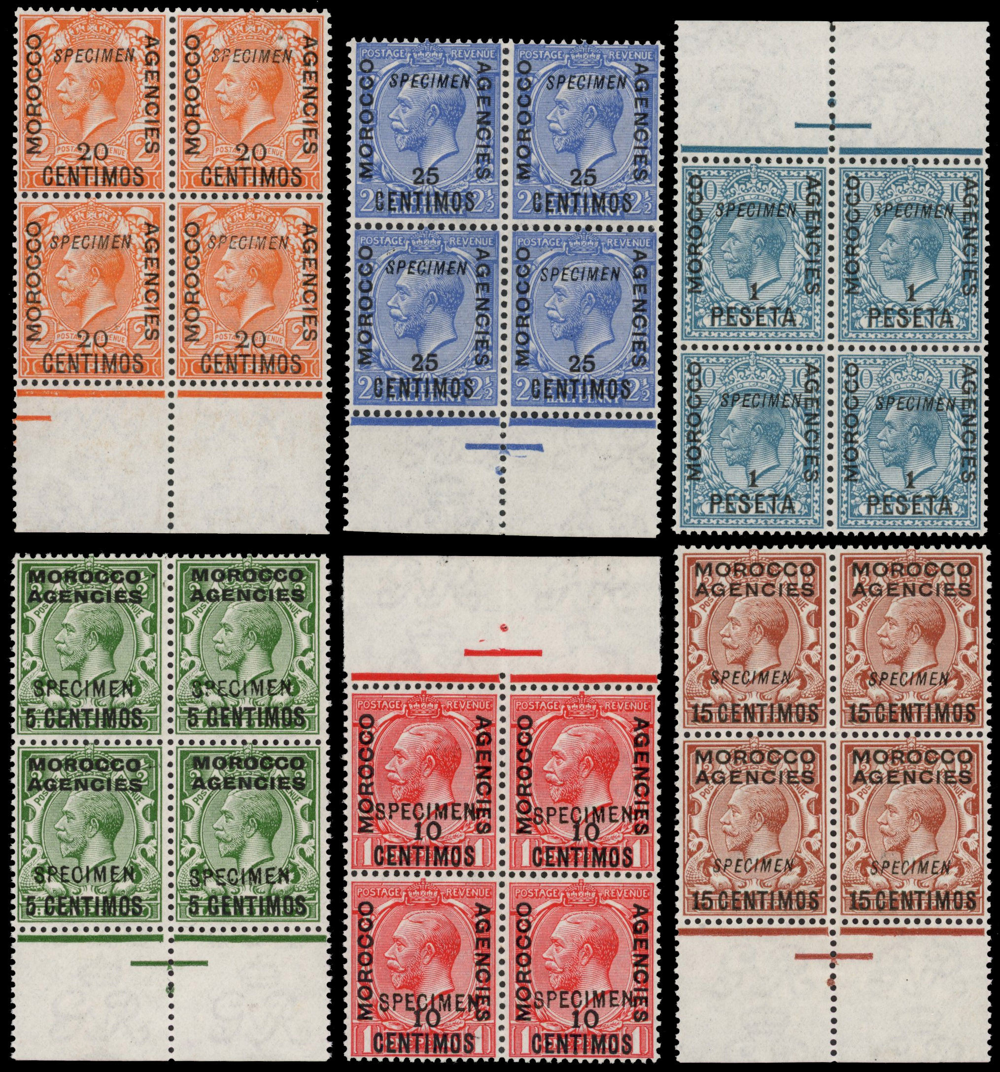 Morocco Agencies 1914-26 Spanish Currency six values to 1p on 10d (lacking later 3c and 40c), opt 'SPECIMEN', SG 129-135var