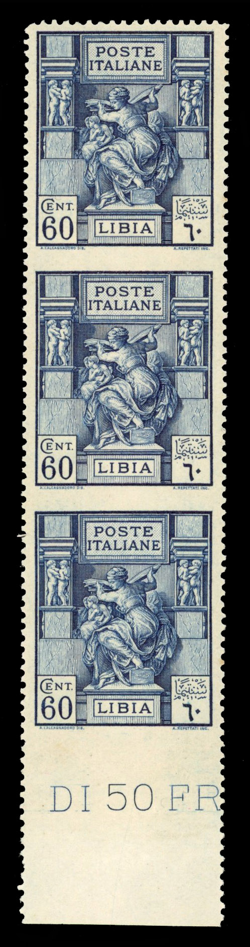 Italian Colonies Libia 1924 Michaelangelo's Sibyl 60c in bottom marginal vertical strip of three imperf variety