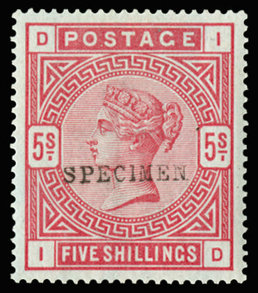 Great Britain 1884 5s Rose (Blued paper). Superb unused o.g. example lettered ID, overprinted "SPECIMEN" type 9. S…