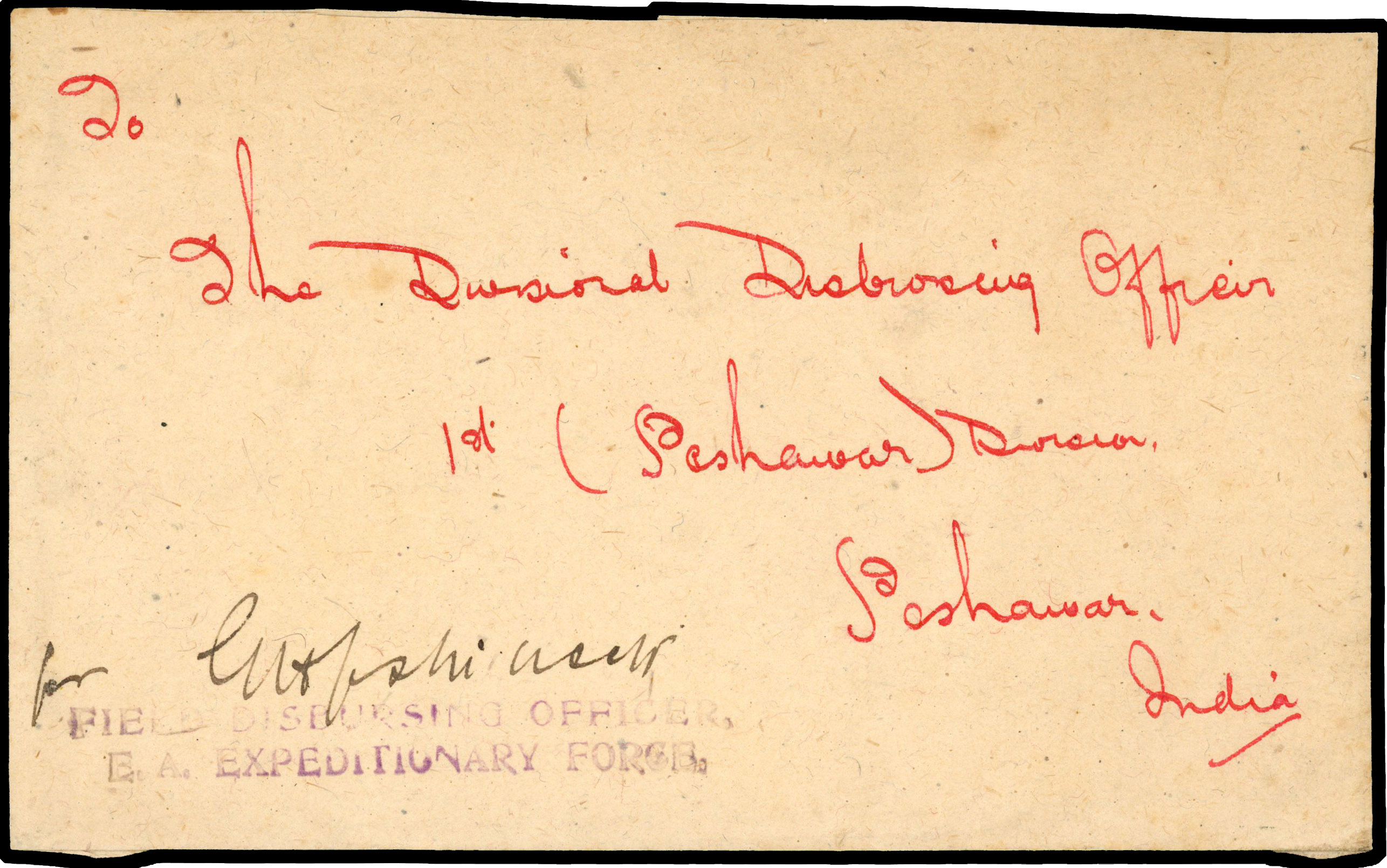 TANGANYIKA: 1918 cover to The Divisional Disbursing Office, Pashawar, India from his counterpart in Tanganyika,