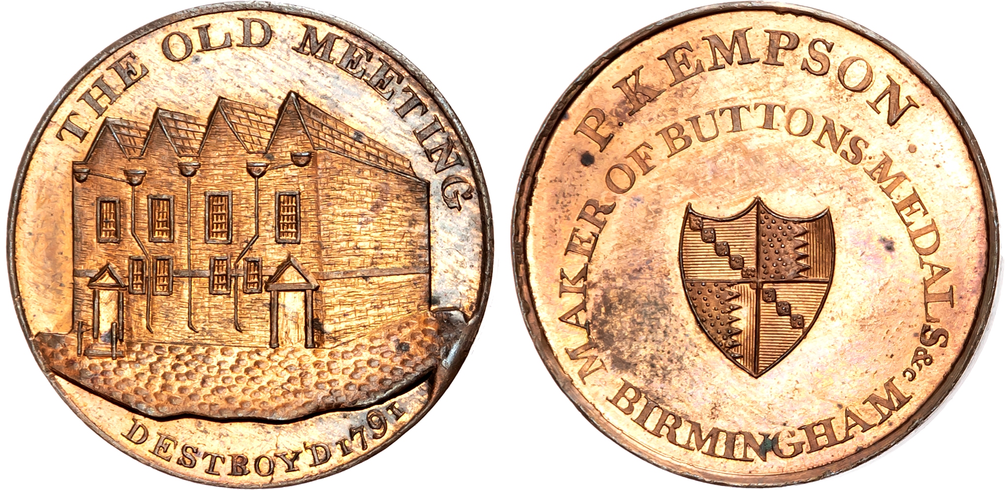 Warks. Birmingham , P Kempson’s Series of Birmingham Buildings, Halfpenny late 1790s, The Old Meeting Hall destroyed 179 …