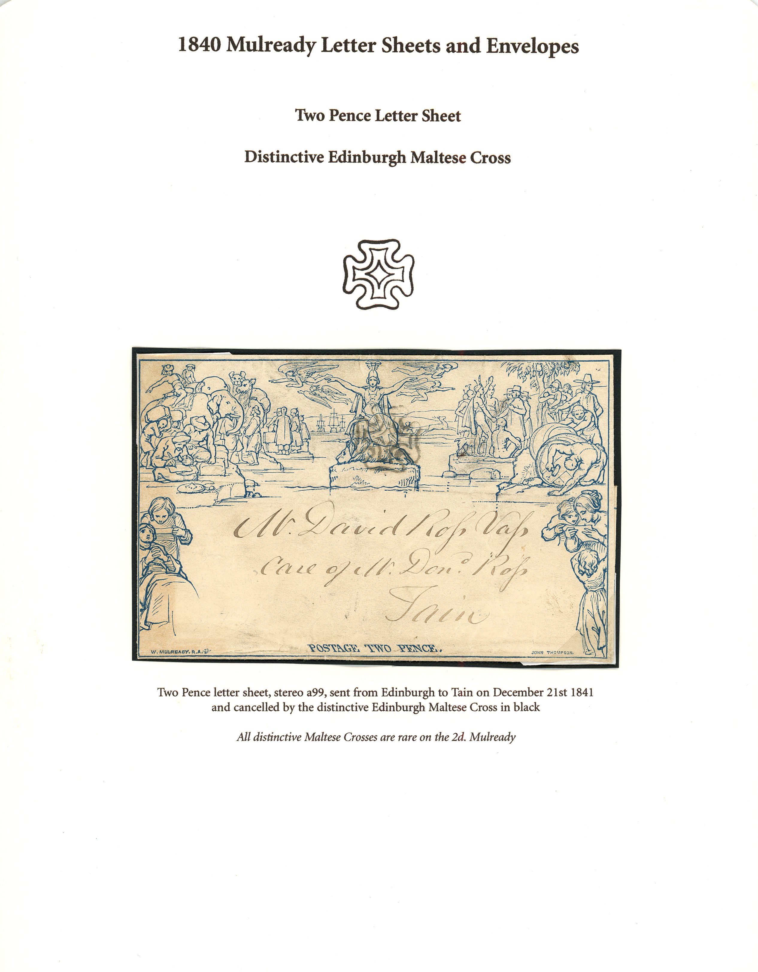 1840 2d blue Mulready letter sheet, stereo a99, sent Edinburgh to Tain, December 21st...