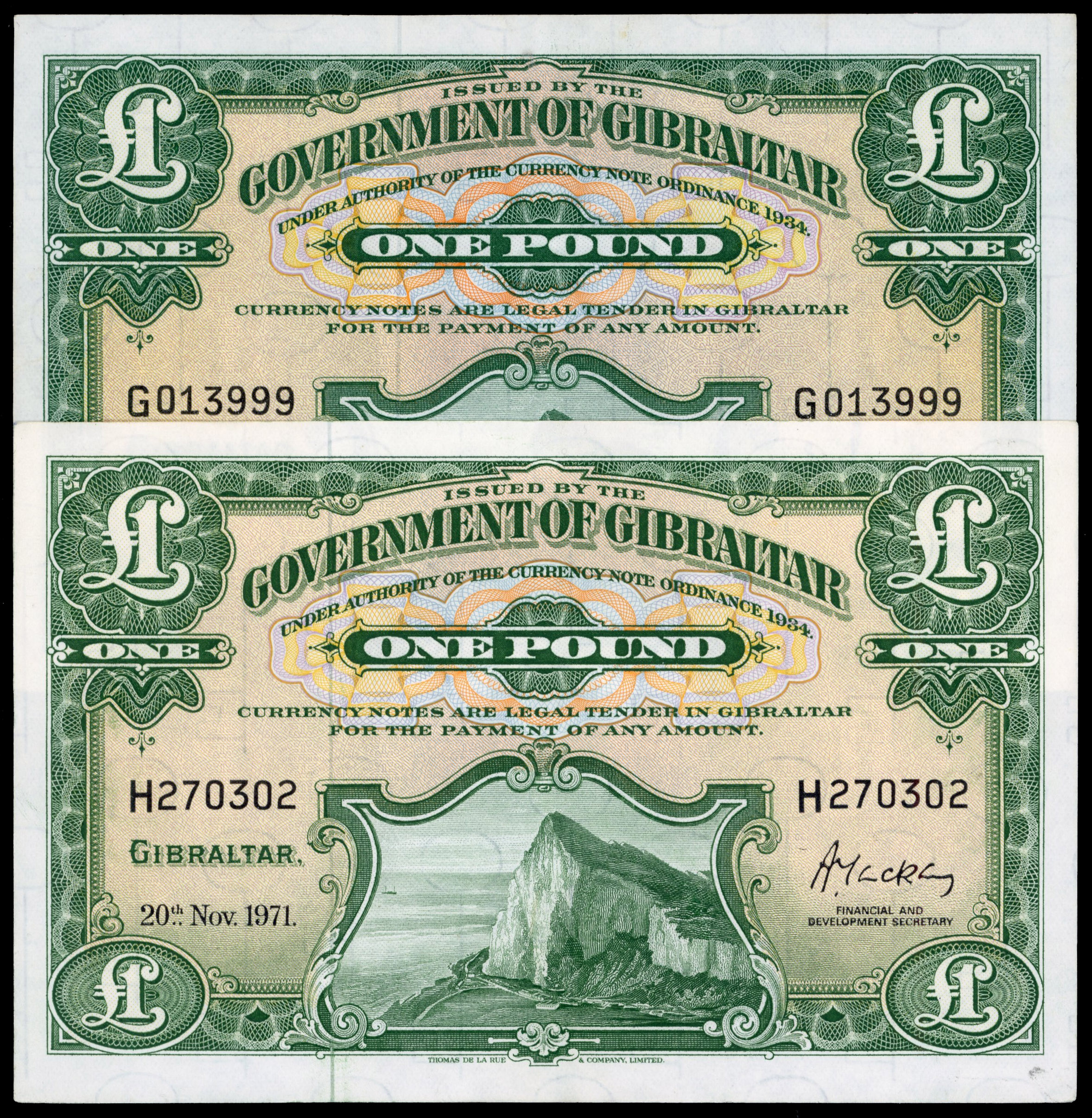 Gibraltar, Government, 1 May 1965, Pound; G 01399, security thread, signature of E. H. Davis, (Pick 18a); 20 N…