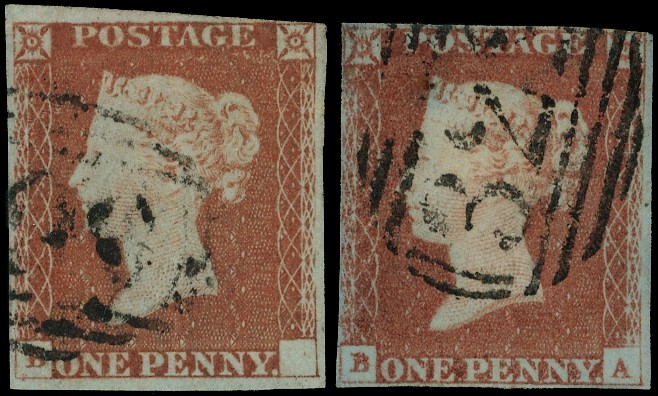 1841 1d Red-brown Pl.77. “B Blank” & 77B “B Blank Corrected” used matched...