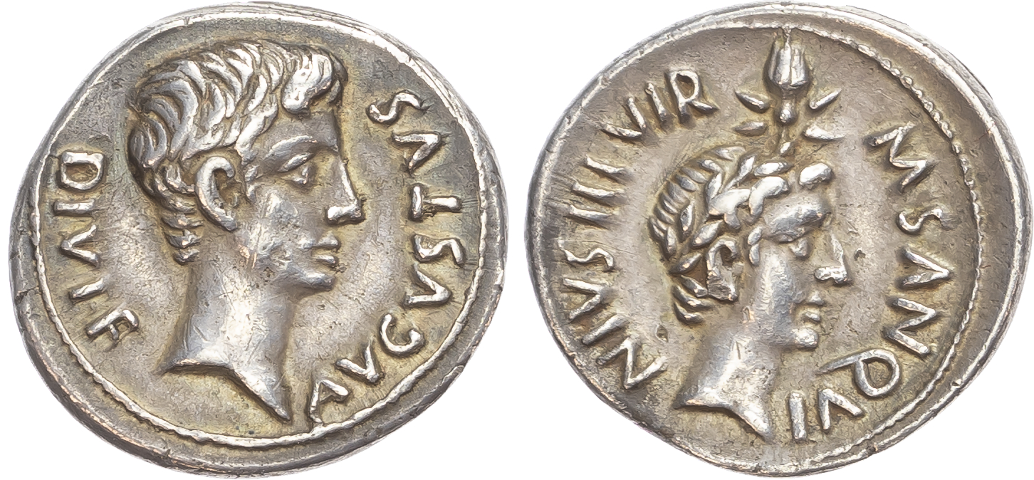 Augustus (27 BC – AD 14) with Divus Julius Caesar, AR Denarius, Rome, 17 BC, M. Sanquinius, moneyer.