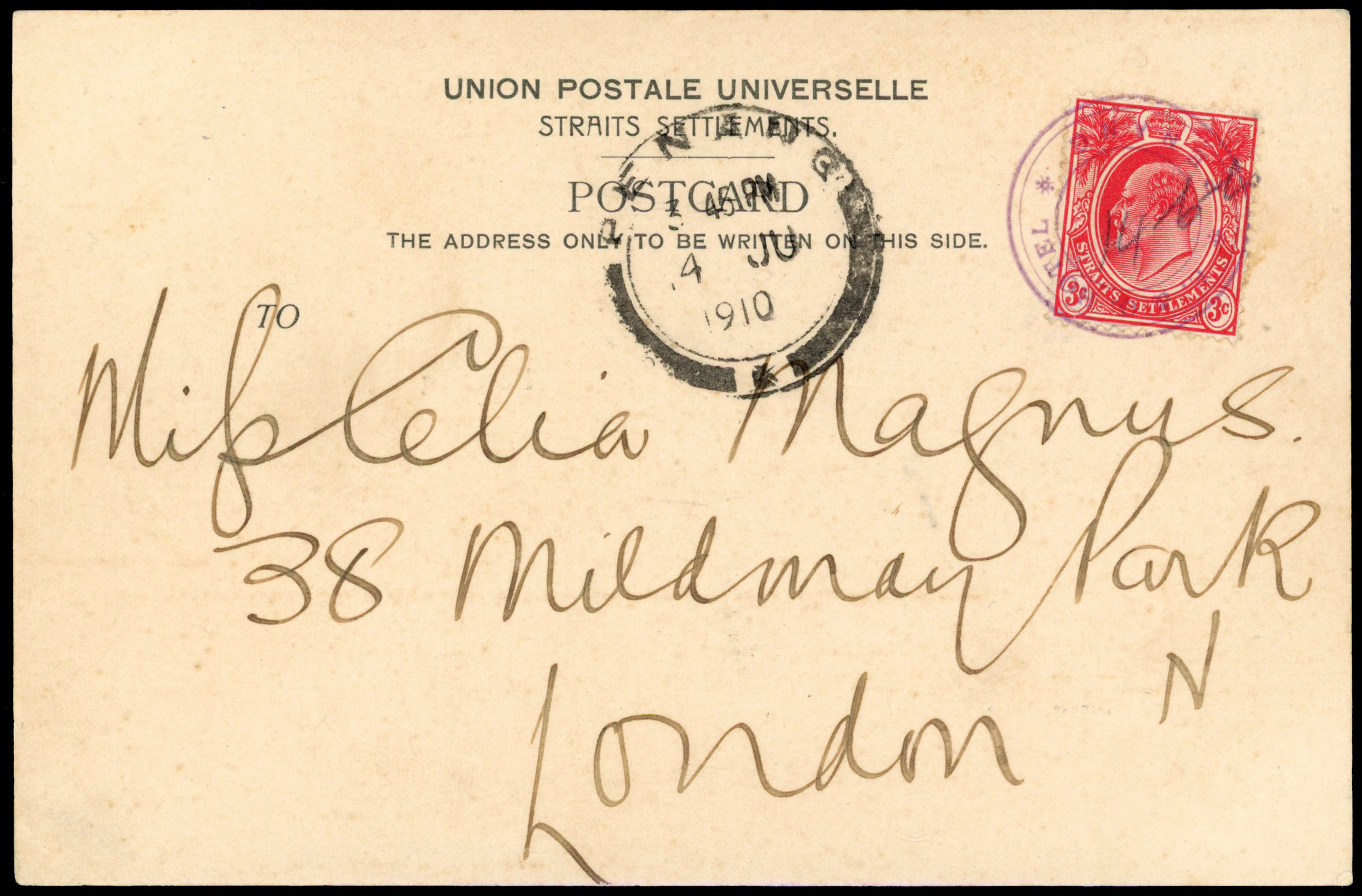 Straits Settlements 1910 postcard with temporary E&O HOTEL cancellation