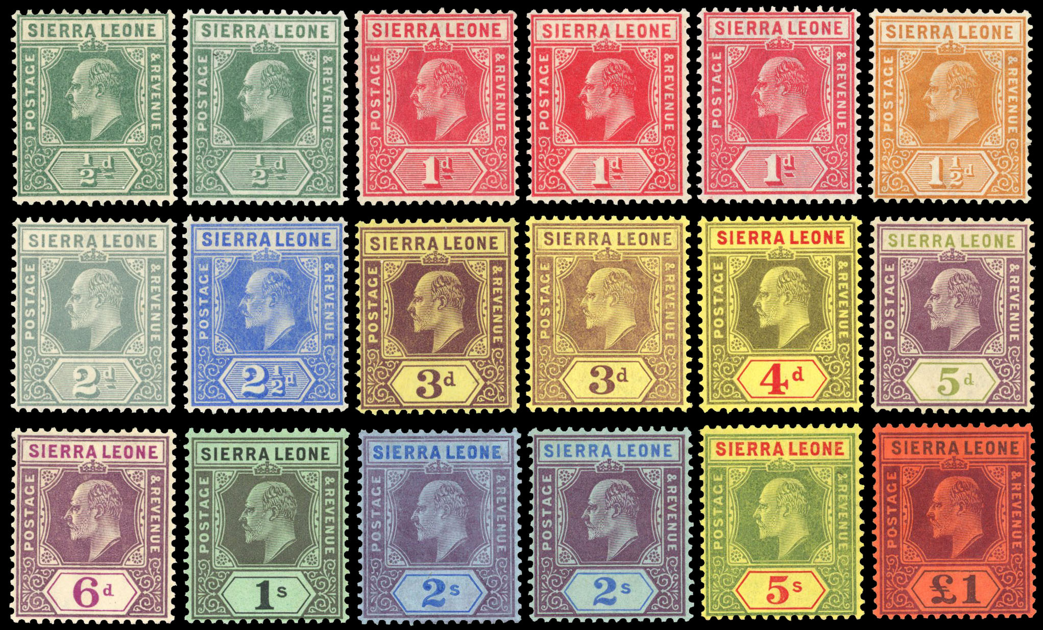 1907 to £1 with extra printings of 1d, 3d and 2s fair to fine o.g. (18) SG 99/111