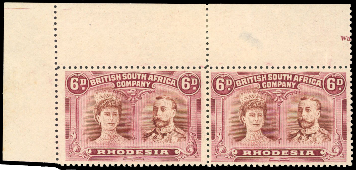 SG 145a 6d bright chestnut and mauve pair, #2 gash in ear, mint