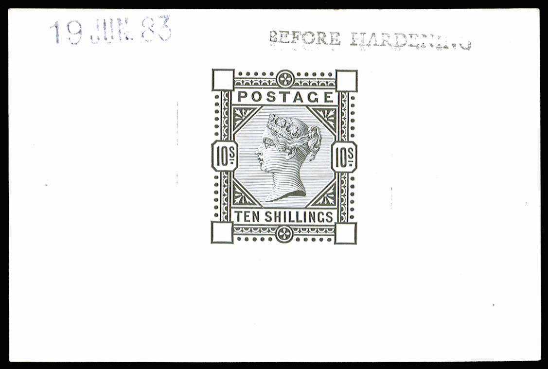 Great Britain 1883 10s Die proof. Very fine and fresh example printed by DLR in black on white glazed card (92 x 6…