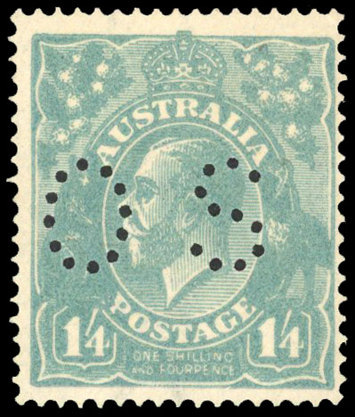 Australia Official 1918-23 Single Wmk 1s4d. deep turquoise, perf ‘OS’ fine large part o.g. SG O75b