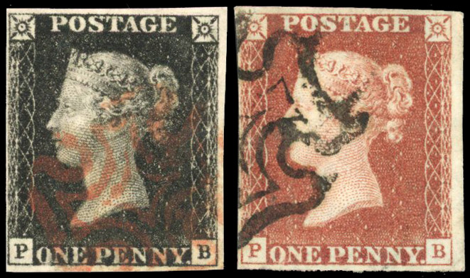 1840 1d black and 1841 1d red-brown, plate 9 (PB) matched pair